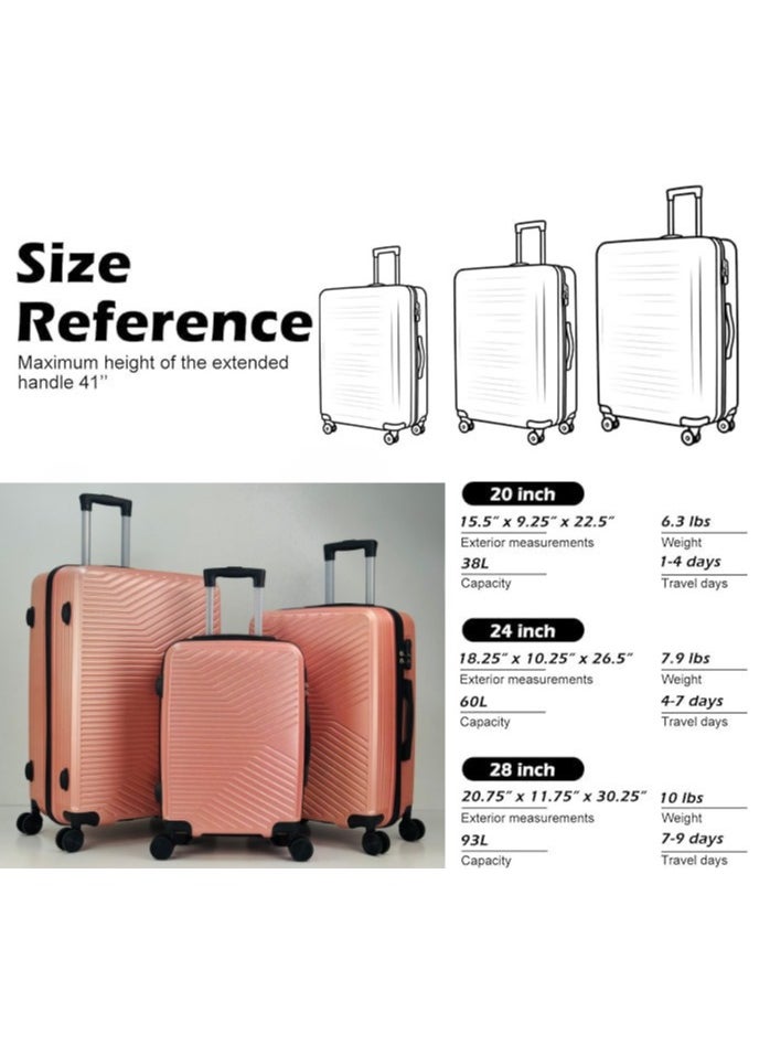 SAW & SEE Premium Hard Shell Luggage Set – 3-Piece Durable Strong Suitcase Set, Lightweight ABS Trolley Bags with Smooth Rotating Spinner Wheels, Security Combination Lock, Telescopic Handle, Traveling Bag Suitcases – 12 KG /23 KG /35 KG - 20" / 24" / 28" – ROSEGOLD  - Image 3