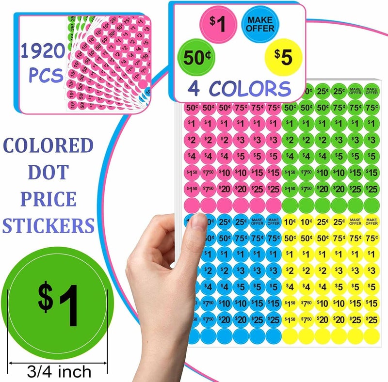 Dreecy Yard Sale Price Stickers Garage Sale Pre-Priced Price Tag Labels, 1920 PCS 3/4" Diameter Flea Market Pre-Printed Pricing Stickers for Retail,Bright Neon Colors (Pink Green Blue Yellow) - Image 5