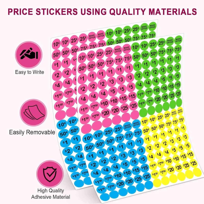 Dreecy Yard Sale Price Stickers Garage Sale Pre-Priced Price Tag Labels, 1920 PCS 3/4" Diameter Flea Market Pre-Printed Pricing Stickers for Retail,Bright Neon Colors (Pink Green Blue Yellow) - Image 3