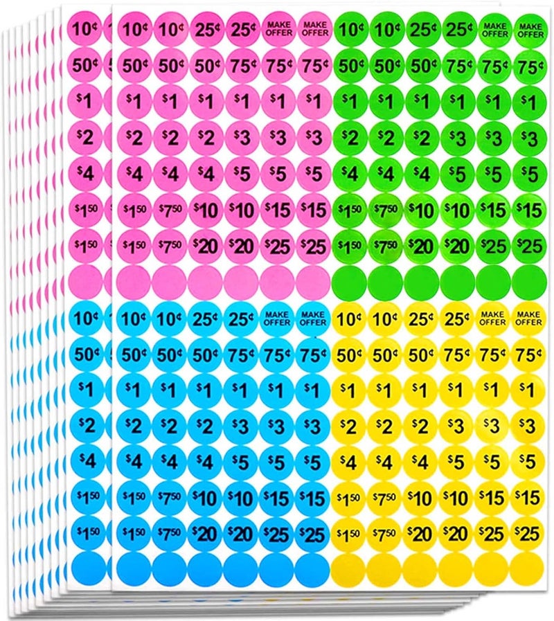 Dreecy Yard Sale Price Stickers Garage Sale Pre-Priced Price Tag Labels, 1920 PCS 3/4" Diameter Flea Market Pre-Printed Pricing Stickers for Retail,Bright Neon Colors (Pink Green Blue Yellow) - Image 1