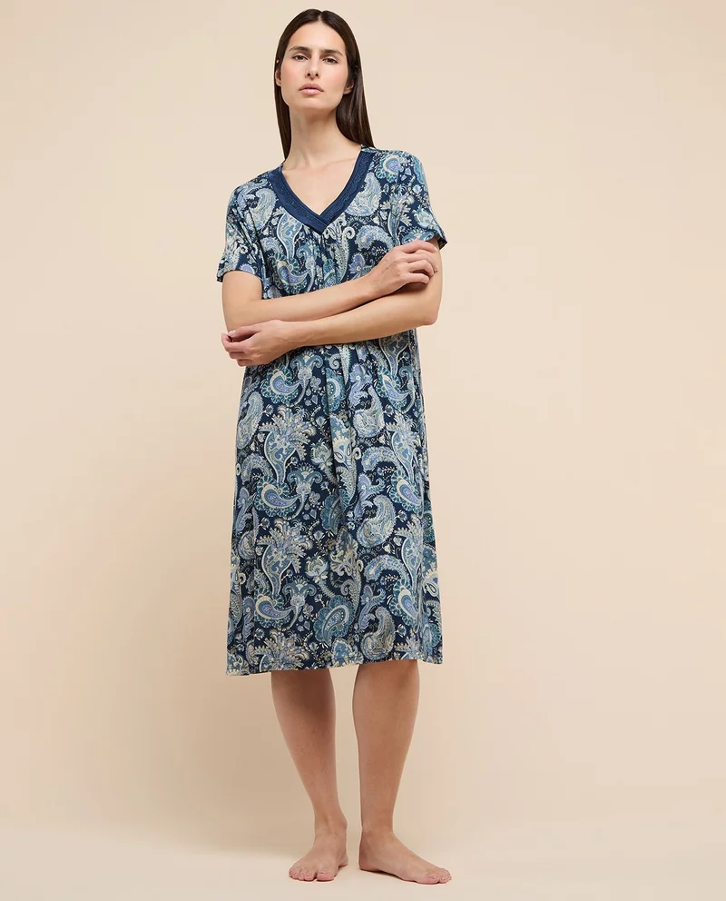 R&B Paisley Patterned Nightdress with V-Neck and Short Sleeves