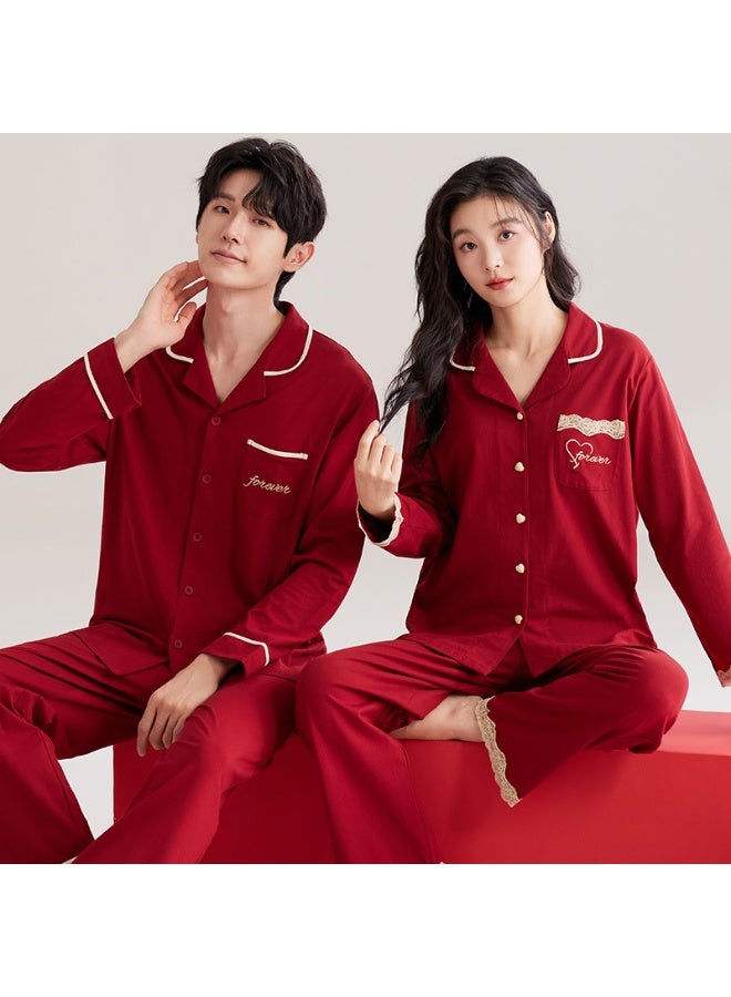 Autumn Cotton Couple Pajamas Set Large Red Loose-fit Long Sleeve Cardigan Lapel Homewear Suit For Men Women - Image 1