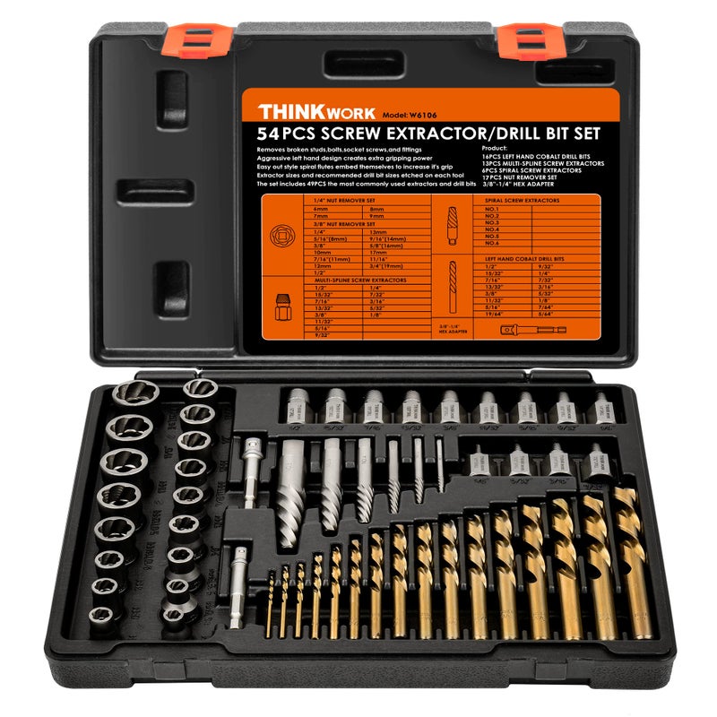THINKWORK Broken Bolt Extractor Kit, 54 Pieces Easy Out Screw Extractor Set, Lug Nut Removal Tool with Left Hand Drill Bit Set for Removing Damaged, Frozen, Rusted, Rounded-Off Bolts, Nuts & Screws - Image 1