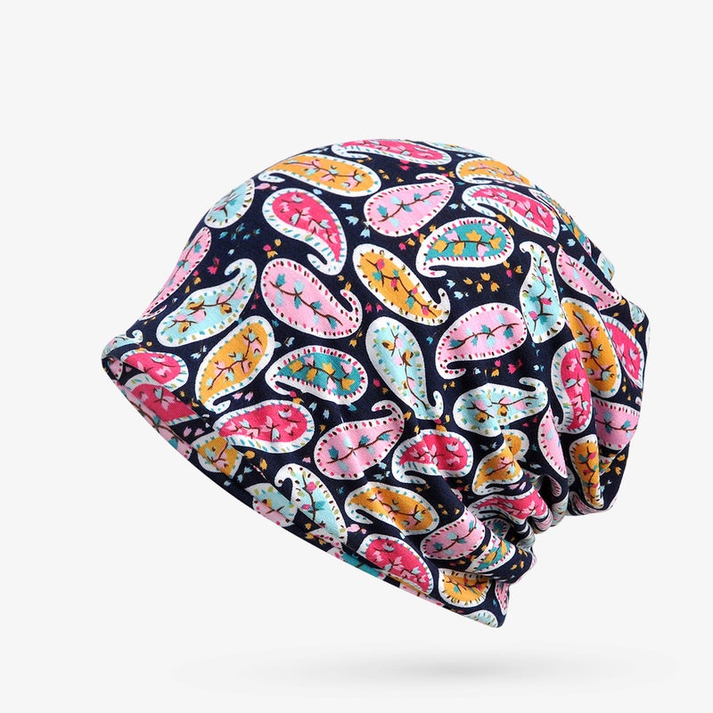 Spring Autumn and Winter Pullover Cap Women's Moon Hat Bib Dual-purpose Ethnic Style Velvet Warm Tapes Hat Women's Bag Headgear Cashew small green flowers-Blue - Image 5