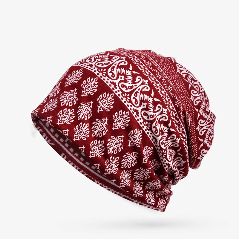 Spring Autumn and Winter Pullover Cap Women's Moon Hat Bib Dual-purpose Ethnic Style Velvet Warm Tapes Hat Women's Bag Headgear Cashew small green flowers-Blue - Image 2