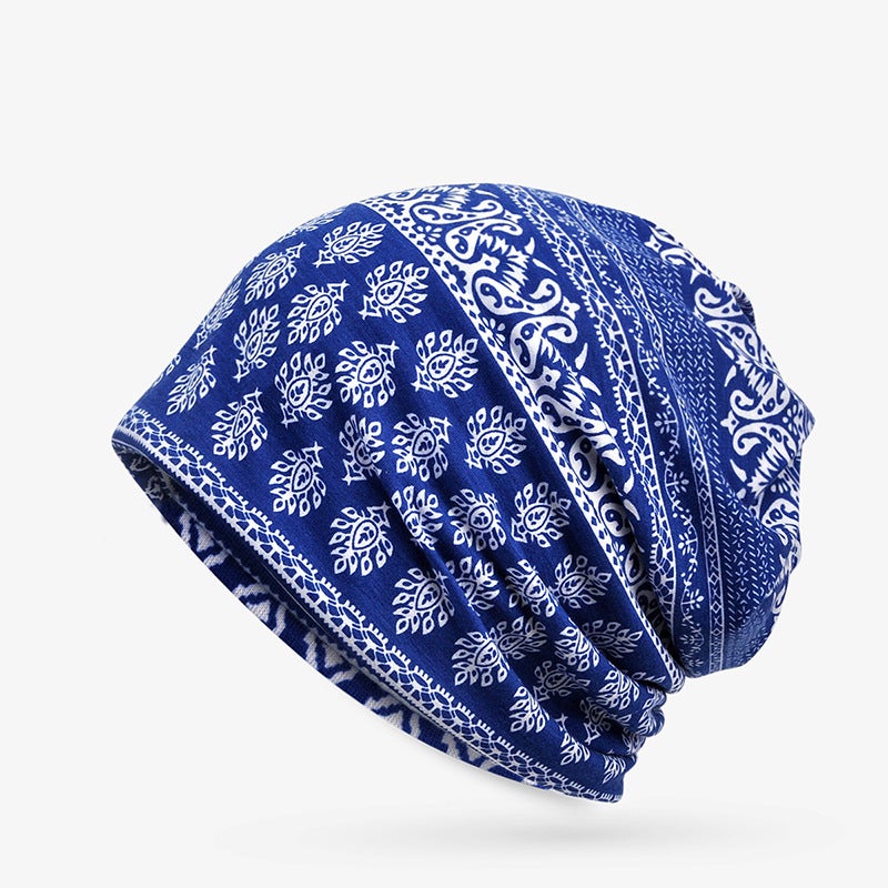 Spring Autumn and Winter Pullover Cap Women's Moon Hat Bib Dual-purpose Ethnic Style Velvet Warm Tapes Hat Women's Bag Headgear Cashew small green flowers-Blue - Image 1