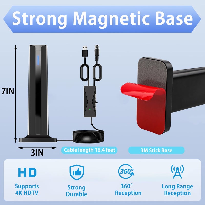 DTVSMARTSHOW Digital TV Antenna Indoor, 2026 HD Antenna for Smart TV with 3M Stick Base 360Â°&Long Range Reception for Local Channels, Easy Setup Antena Without Cable(7.0 in) - Image 3