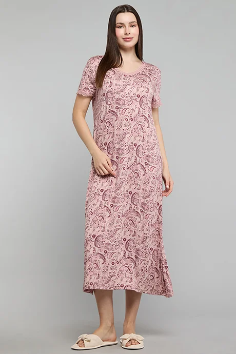 أر أند بي Paisley Print Nightdress with V-Neck and Short Sleeves