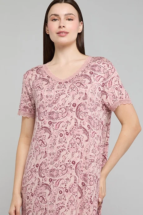 أر أند بي Paisley Print Nightdress with V-Neck and Short Sleeves