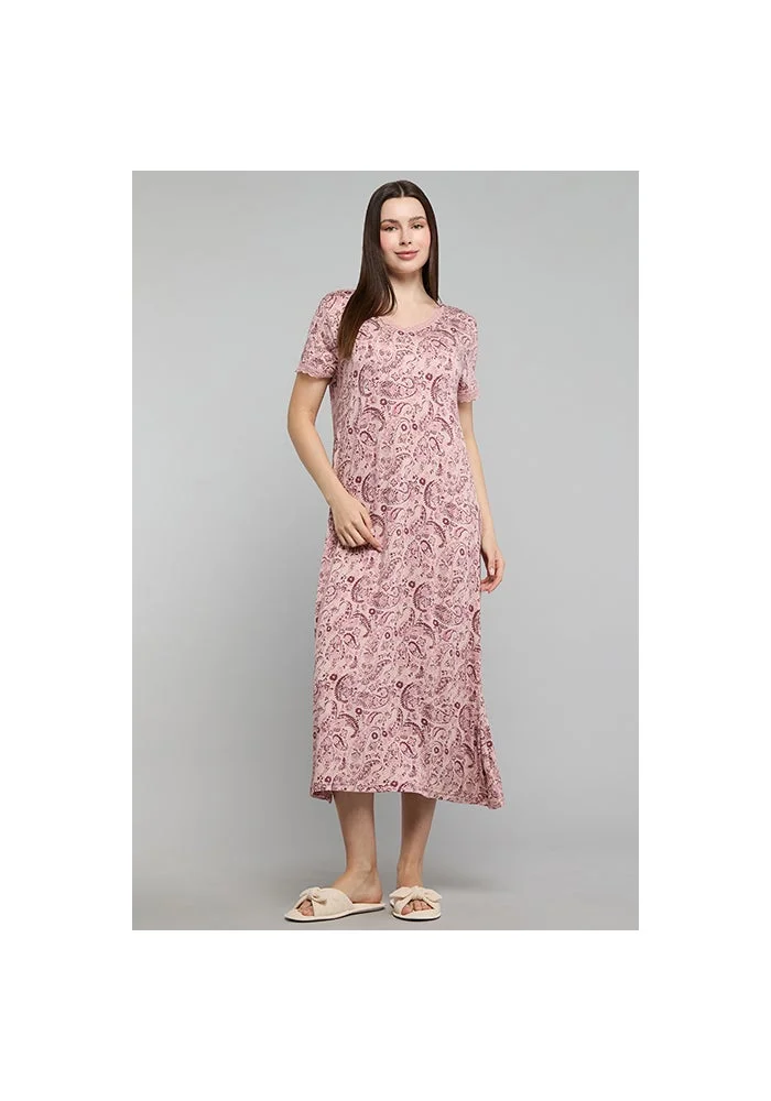 أر أند بي Paisley Print Nightdress with V-Neck and Short Sleeves