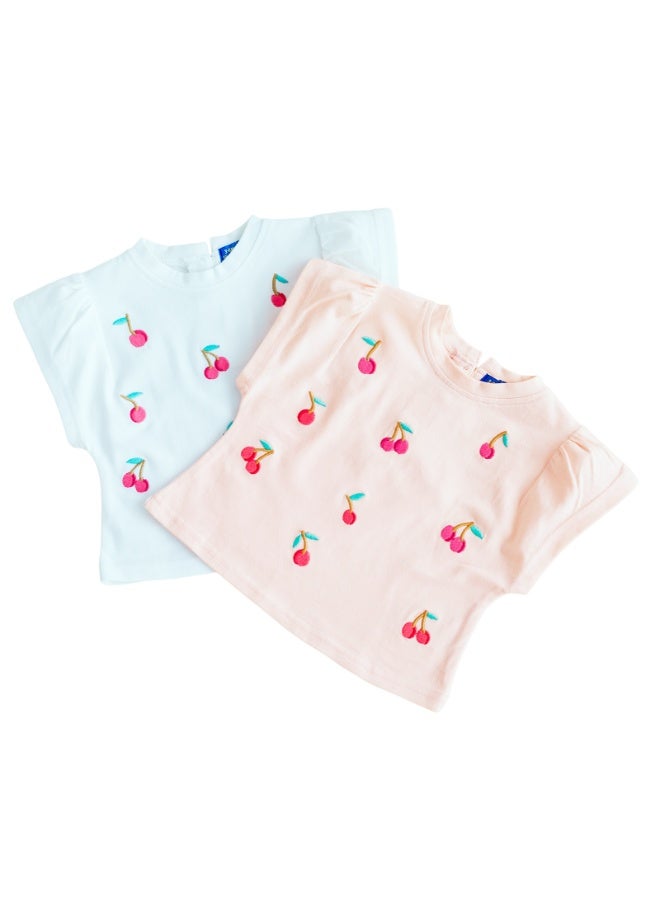 WiNi BEE Baby Girls Cherry Embroidery Short Sleeve T-Shirt - Soft Cotton Tee for Newborn & Infant 0-24 Months, White and Pink - Image 5