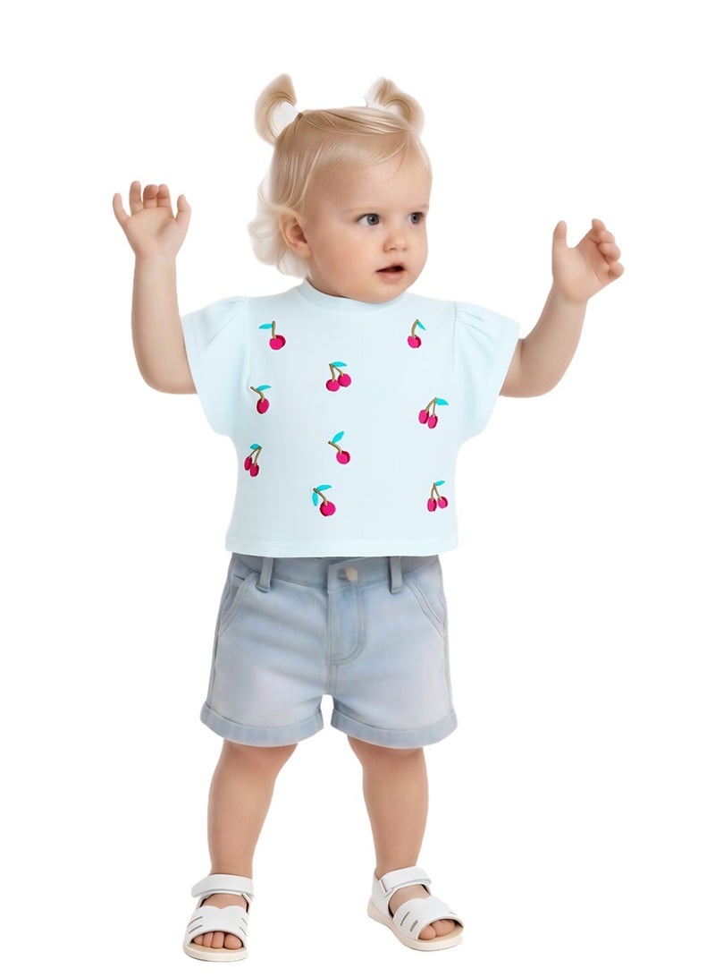 WiNi BEE Baby Girls Cherry Embroidery Short Sleeve T-Shirt - Soft Cotton Tee for Newborn & Infant 0-24 Months, White and Pink - Image 1