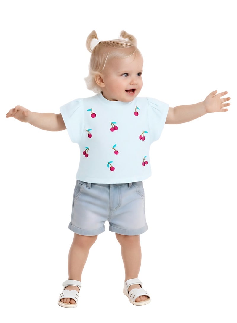 WiNi BEE Baby Girls Cherry Embroidery Short Sleeve T-Shirt - Soft Cotton Tee for Newborn & Infant 0-24 Months, White and Pink - Image 2