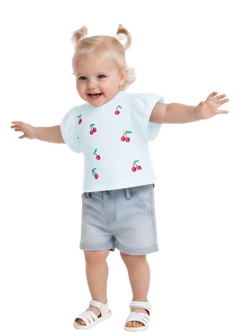WiNi BEE Baby Girls Cherry Embroidery Short Sleeve T-Shirt - Soft Cotton Tee for Newborn & Infant 0-24 Months, White and Pink - Image 3
