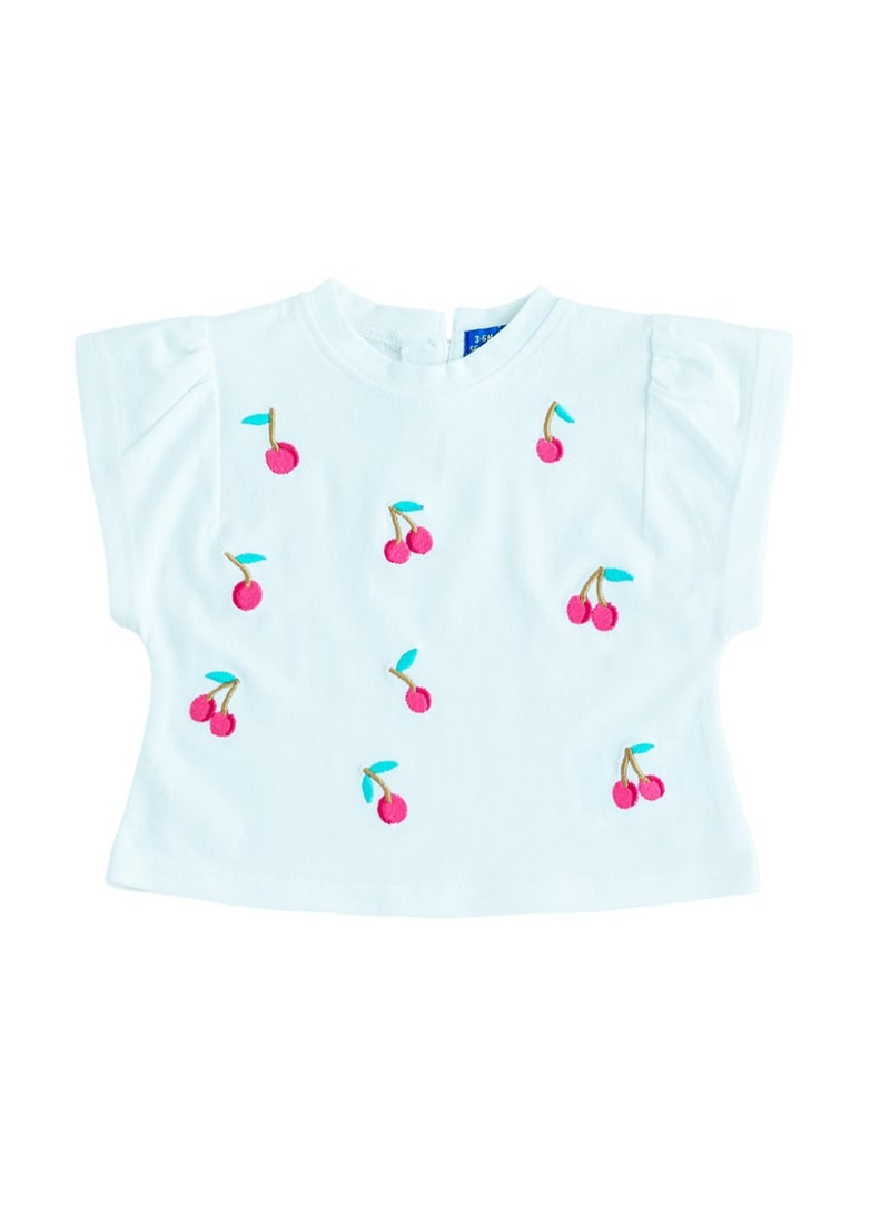 WiNi BEE Baby Girls Cherry Embroidery Short Sleeve T-Shirt - Soft Cotton Tee for Newborn & Infant 0-24 Months, White and Pink - Image 4