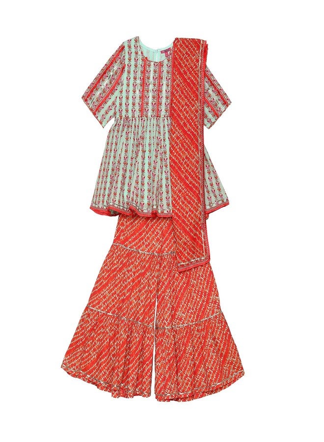 Biba Girl's Cotton Kurta, Garara, Dupatta (KW4670AW24AQUCRL_Aqua-Coral - Image 1