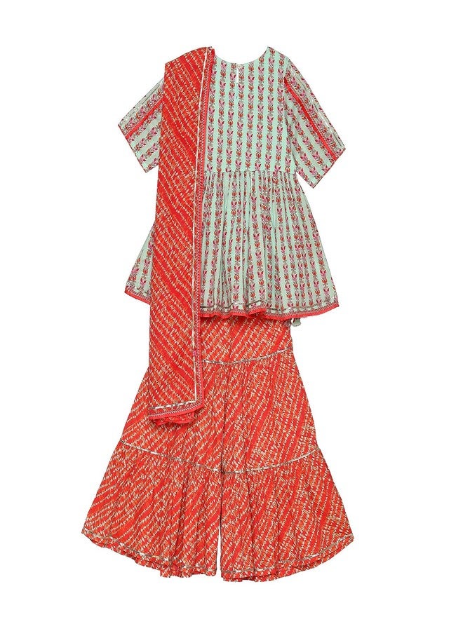 Biba Girl's Cotton Kurta, Garara, Dupatta (KW4670AW24AQUCRL_Aqua-Coral - Image 5