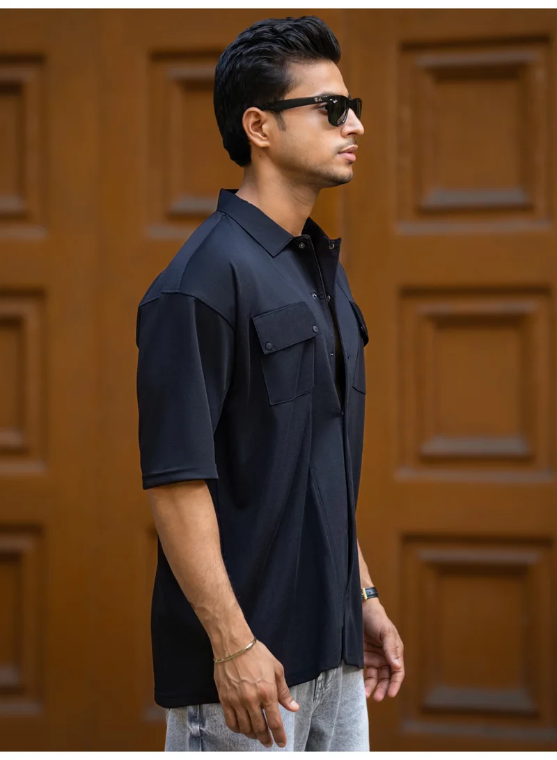 Maniac Maniac Mens Solid Texture Collar Neck Half Sleeve Black Cotton Shirt