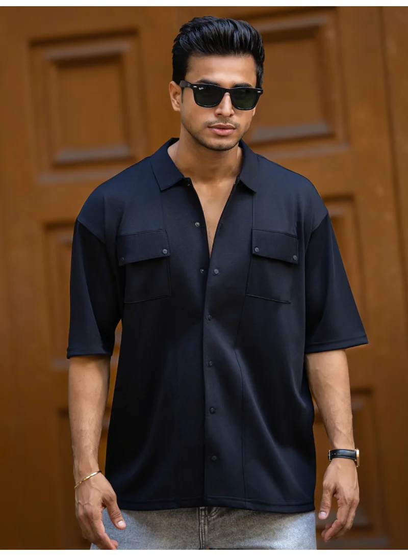 Maniac Maniac Mens Solid Texture Collar Neck Half Sleeve Black Cotton Shirt