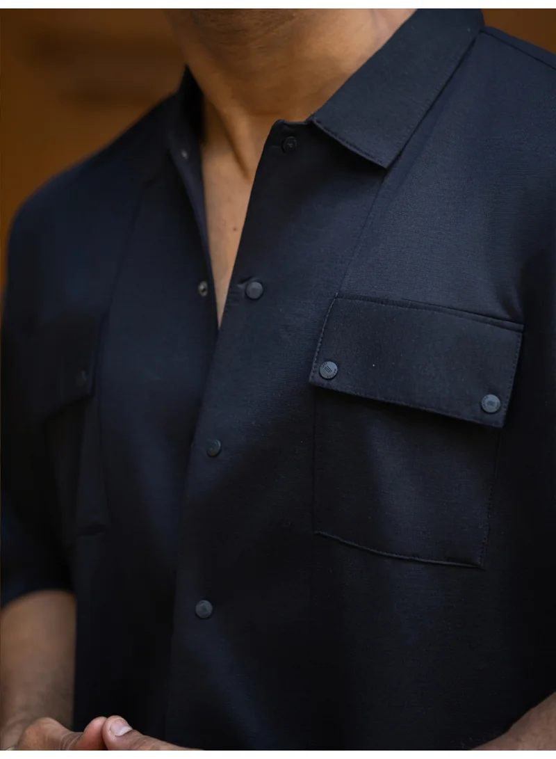 Maniac Maniac Mens Solid Texture Collar Neck Half Sleeve Black Cotton Shirt
