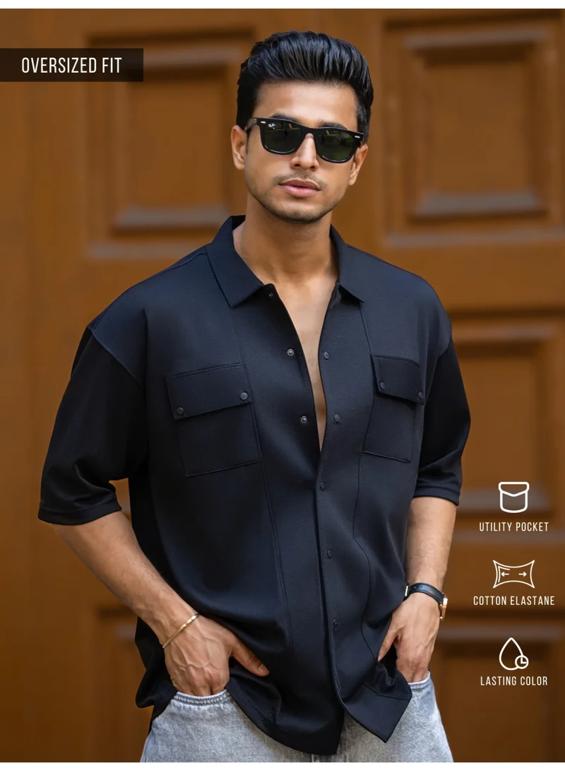 Maniac Maniac Mens Solid Texture Collar Neck Half Sleeve Black Cotton Shirt