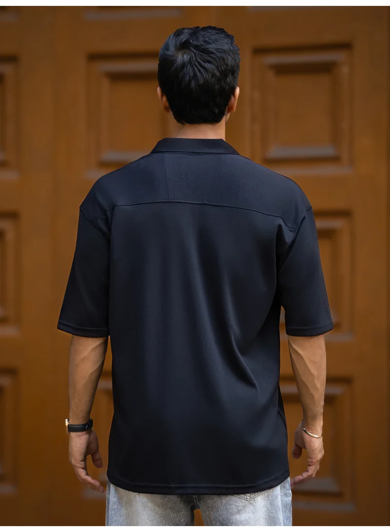 Maniac Maniac Mens Solid Texture Collar Neck Half Sleeve Black Cotton Shirt