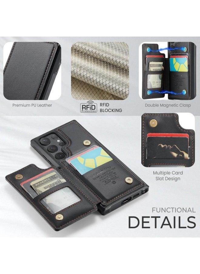 XIMAND جراب محفظة لهاتف سامسونج جالاكسي إس 25 ألترا مزود بتقنية حجب RFID وحامل لخمس بطاقات ائتمان، مصنوع من جلد فاخر متين رفيع، مزود بمشبك مغناطيسي وحامل قابل للطي، غطاء واقٍ شديد التحمل ومقاوم للصدمات. أسود - Image 3