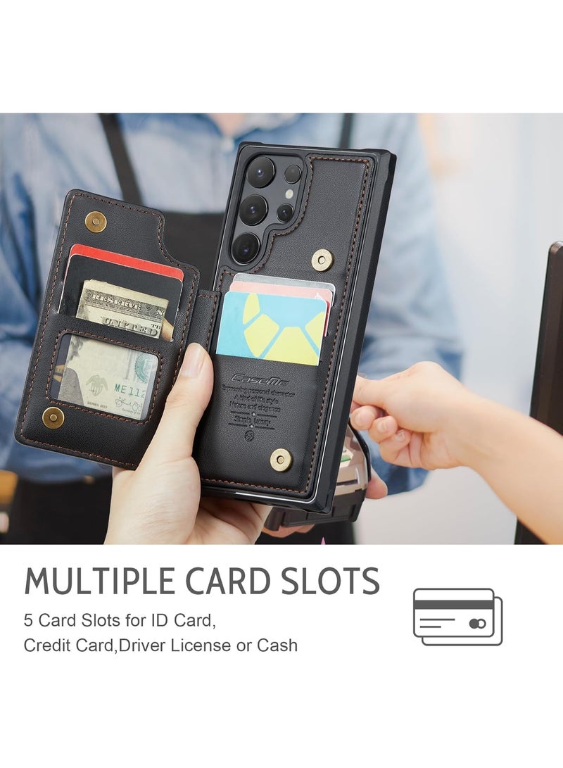 XIMAND جراب محفظة لهاتف سامسونج جالاكسي إس 25 ألترا مزود بتقنية حجب RFID وحامل لخمس بطاقات ائتمان، مصنوع من جلد فاخر متين رفيع، مزود بمشبك مغناطيسي وحامل قابل للطي، غطاء واقٍ شديد التحمل ومقاوم للصدمات. أسود - Image 2