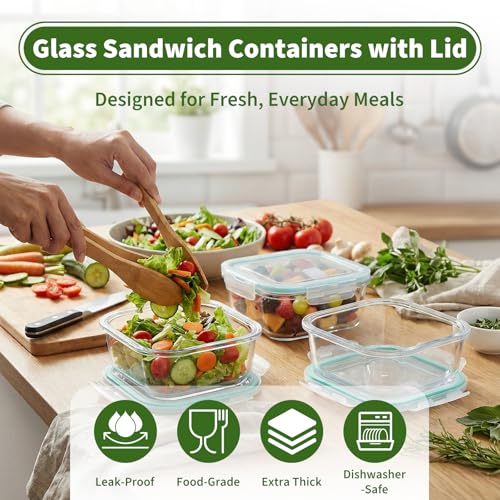 Piszvbej 3 Pack Glass Sandwich Containers with Lids, 27 oz Reusable Glass Food Storage Containers, Airtight Lid with Vent, No Leak, Microwave and Freezer-Safe, Perfect for Work, Meal Prep and Everyday Storage - Image 2