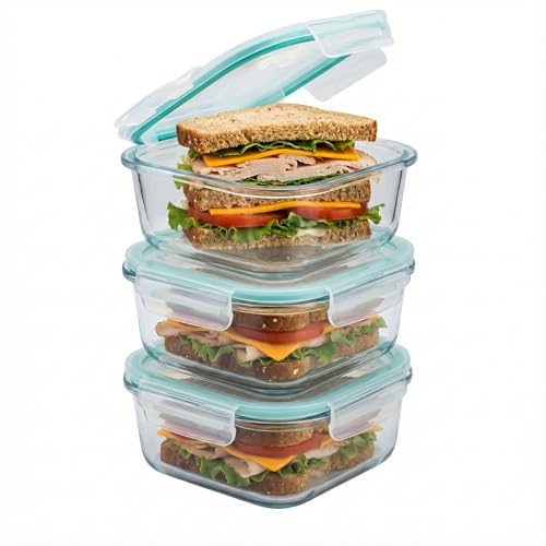 Piszvbej 3 Pack Glass Sandwich Containers with Lids, 27 oz Reusable Glass Food Storage Containers, Airtight Lid with Vent, No Leak, Microwave and Freezer-Safe, Perfect for Work, Meal Prep and Everyday Storage - Image 1