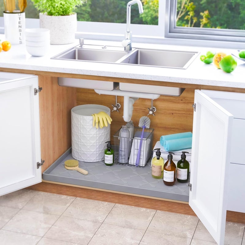 Sika deer حصيرة تحت الحوض من للمطبخ مقاومة للماء، مقاس 34 × 22 بوصة، بطانة سيليكون تحت الحوض، تتحمل حتى 3.3 جالون من السوائل، حصيرة وواقي لخزائن المطبخ والحمام من القطرات والتسربات والا��سكابات (رمادي) - Image 2