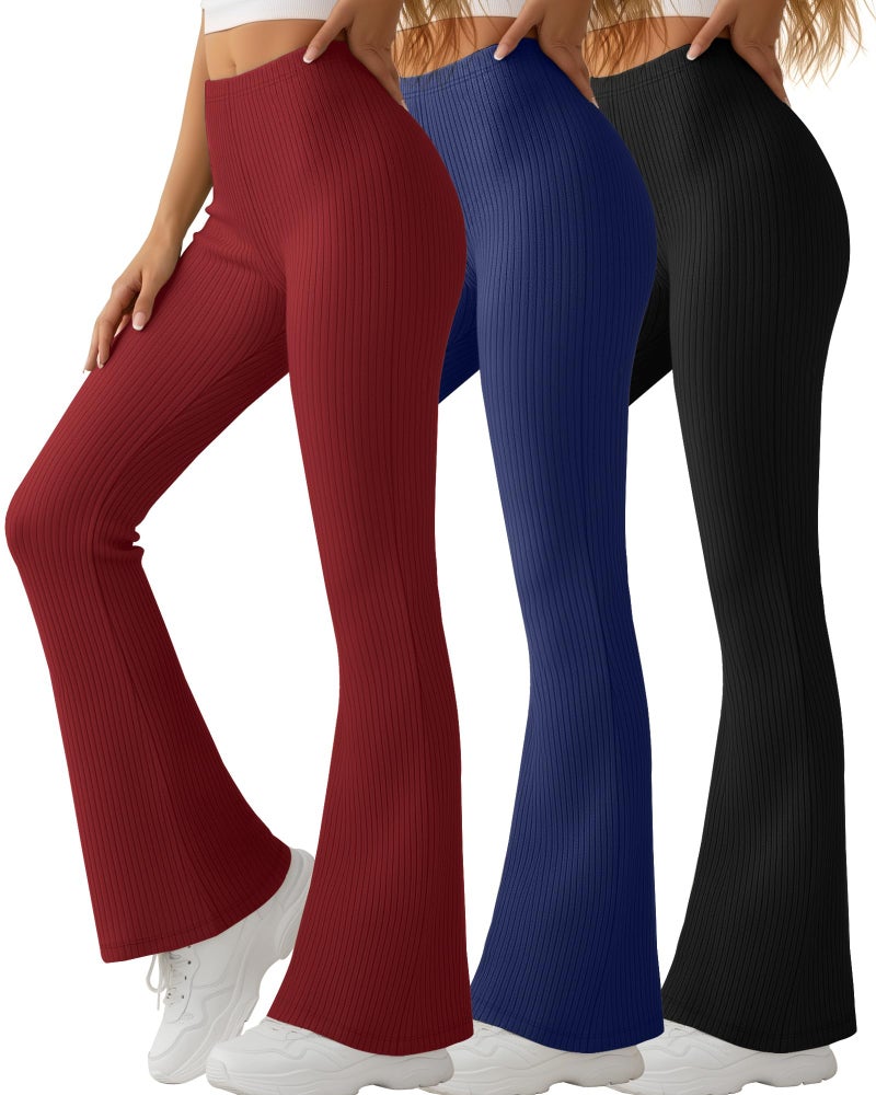 Yearntown 3 Pack Women's Ribbed Flare Yoga Pants High Waist Flare Leggings Casual Bell Bottoms Workout Soft Bootcut Leggings(Black, Dark Blue, Red,Medium) - Image 1