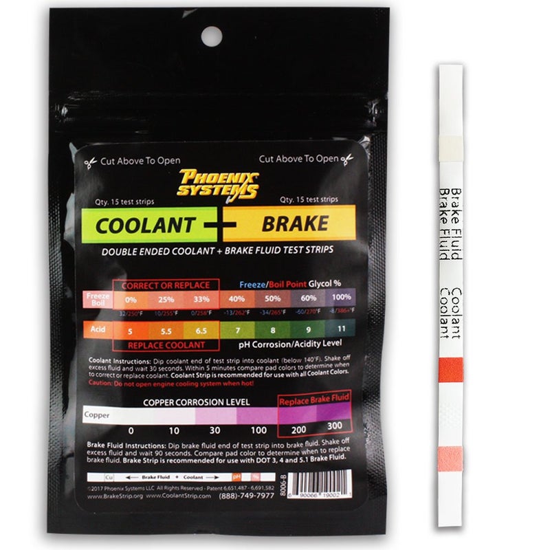 Phoenix Systems 8006-B Double-Ended Coolant + Brake Fluid Test Strips (15 foil wrapped test strips), 1 Pack - Image 1