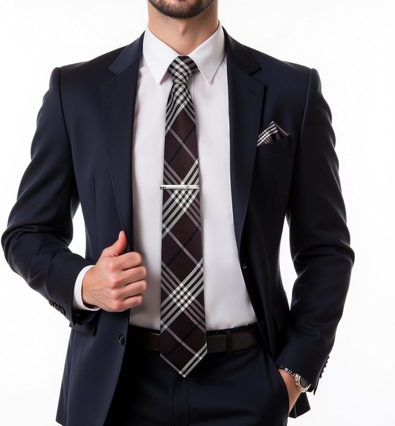 DiBanGu Plaid Ties for Men Silk Checkered Necktie and Pocket Square Cufflinks Tie Clip Set with Gift Box for Wedding Business - Image 2