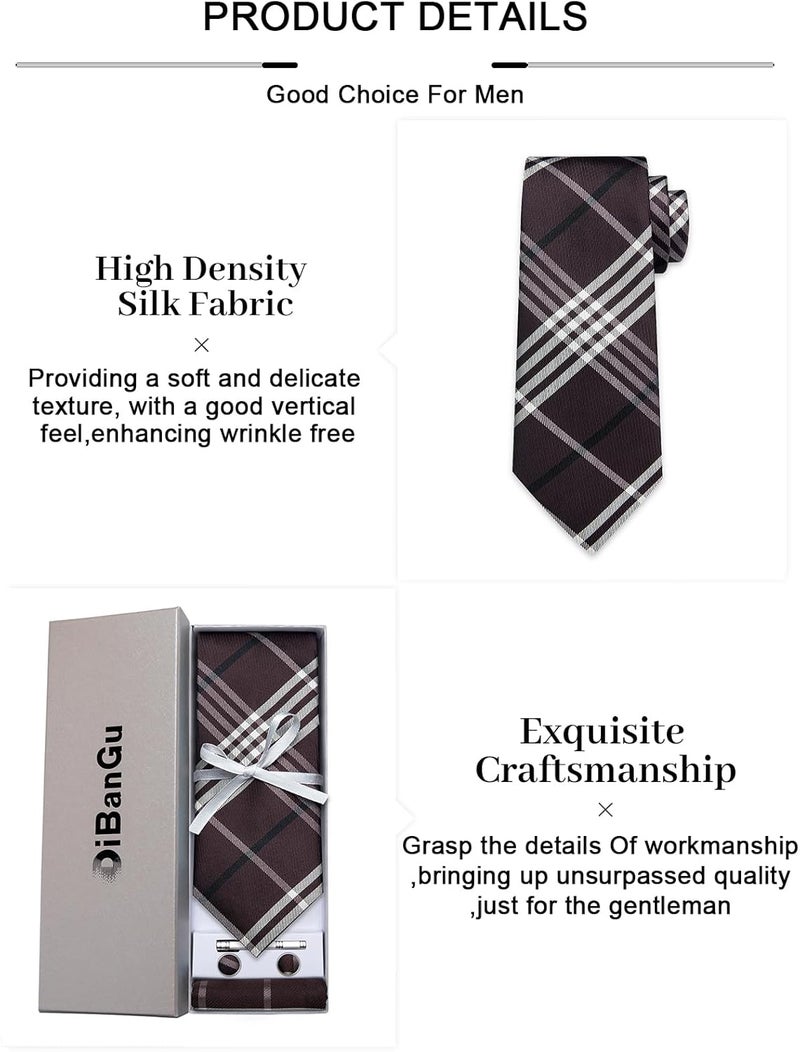 DiBanGu Plaid Ties for Men Silk Checkered Necktie and Pocket Square Cufflinks Tie Clip Set with Gift Box for Wedding Business - Image 5