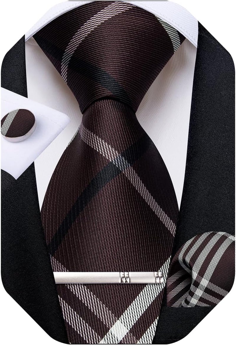 DiBanGu Plaid Ties for Men Silk Checkered Necktie and Pocket Square Cufflinks Tie Clip Set with Gift Box for Wedding Business - Image 1