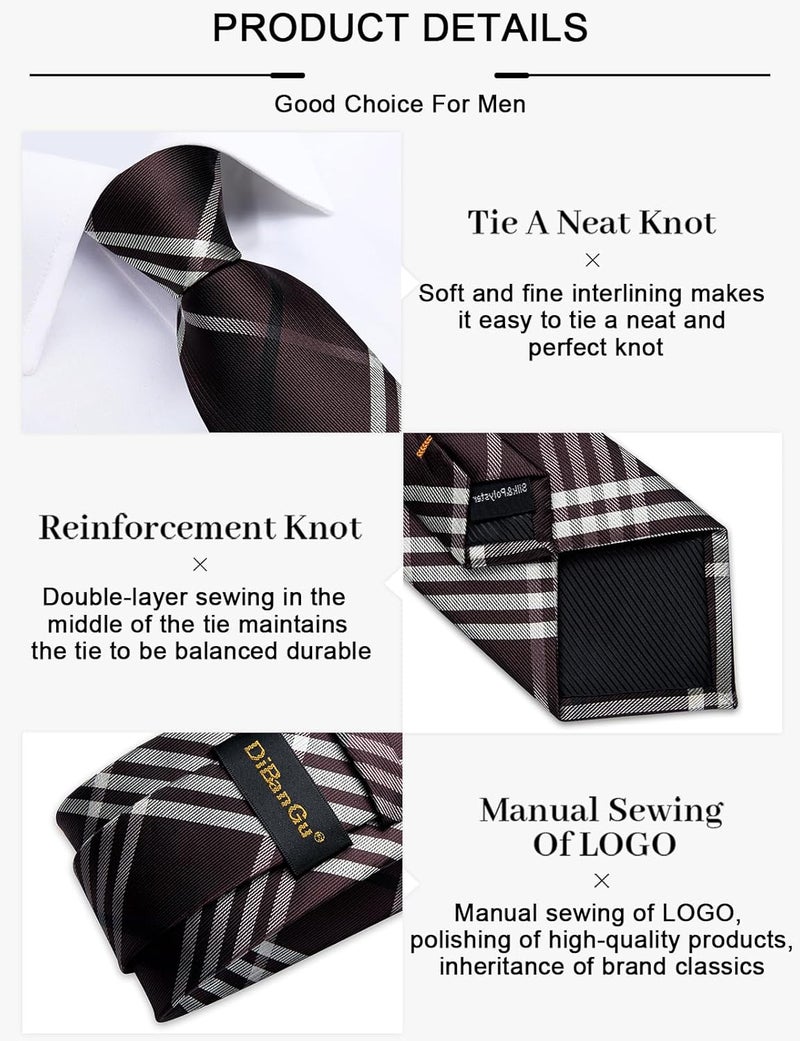 DiBanGu Plaid Ties for Men Silk Checkered Necktie and Pocket Square Cufflinks Tie Clip Set with Gift Box for Wedding Business - Image 4