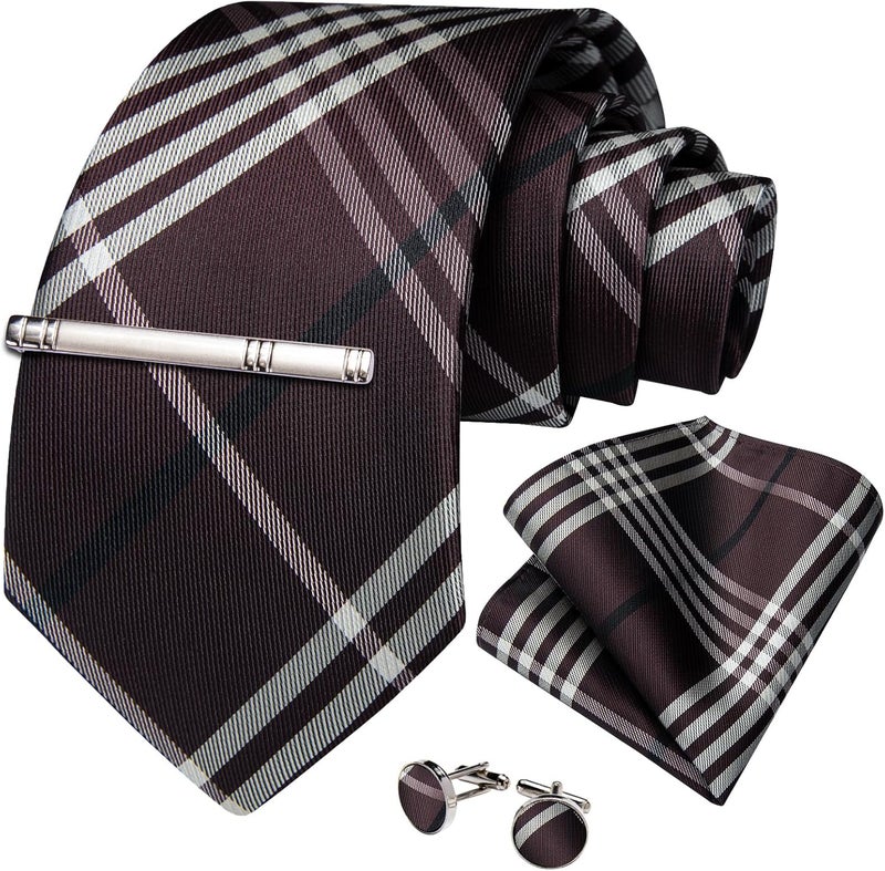 DiBanGu Plaid Ties for Men Silk Checkered Necktie and Pocket Square Cufflinks Tie Clip Set with Gift Box for Wedding Business - Image 3