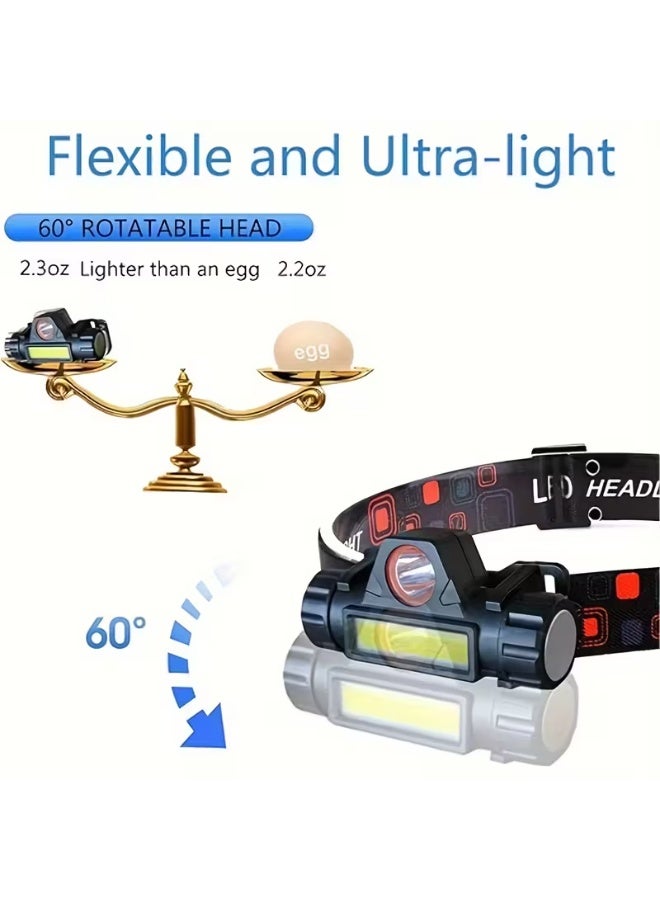 مصباح رأس LED قابل لإعادة الشحن عبر منفذ USB - مصباح رأس فائق السطوع وخفيف الوزن مع أوضاع قابلة للتعديل للاستخدام الخارجي والعملي. مصباح رأس مغناطيسي مقاوم للماء بتصميم مريح ووقت تشغيل طويل - مثالي للجري والتخييم وصيد الأسماك والاستخدامات الصناعية - Image 3