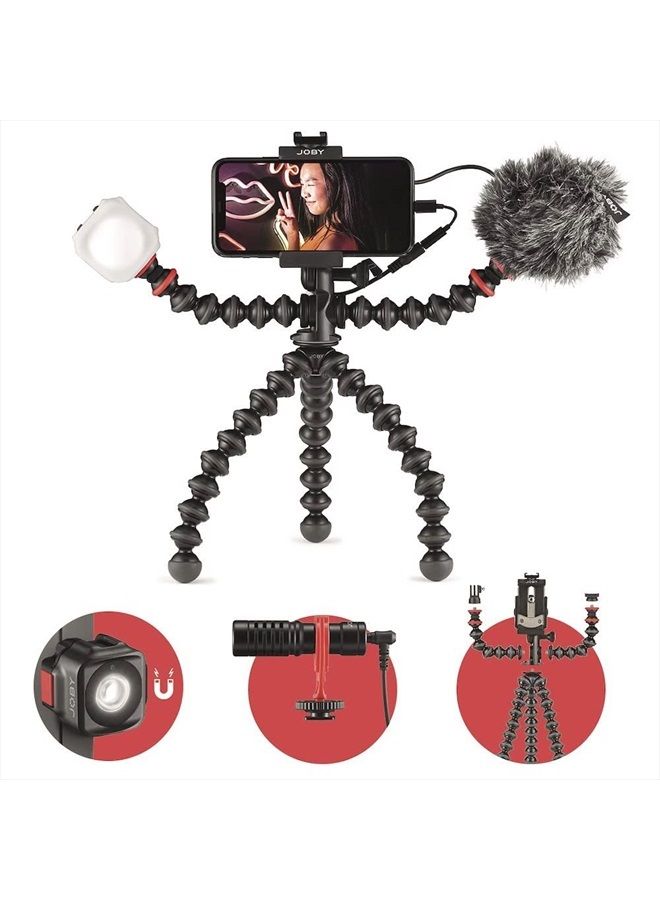 JOBY مجموعة JOBY GorillaPod Mobile Vlogging Kit (حامل الهاتف الذكي، ميكروفون Wavo Mobile، مصباح Beamo Mini LED) حامل ثلاثي القوائم مرن، حامل الهاتف، ميكروفون Vlogging، مصباح Vlog، مجموعة كاميرا Vlogging، مجموعة منشئ المحتوى - Image 1