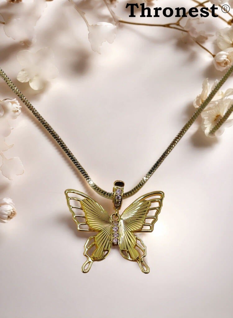 عرش سلسال قلادة فراشة من الذهب عيار 18 قيراط، قلادة فراشة من سلسلة أمي من الذهب عيار 18 قيراط، قلادة بسيطة ومثالية لحفلات الزفاف، مثالية للارتداء اليومي، سلسلة فاخرة لا تسبب الحساسية، تصميم خالد، هدية مثالية لعيد الأم - Image 2