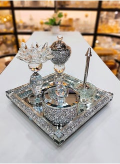 Damanhoor Incense Bakhoor Oud Burner Crystal Complete Set 5Pieces Includes Burner Bakhoor Storage Bowl Rose Water Bottle Safety Tongs for Charcoal Handling and a Mirror Moving Tray  - Image 1
