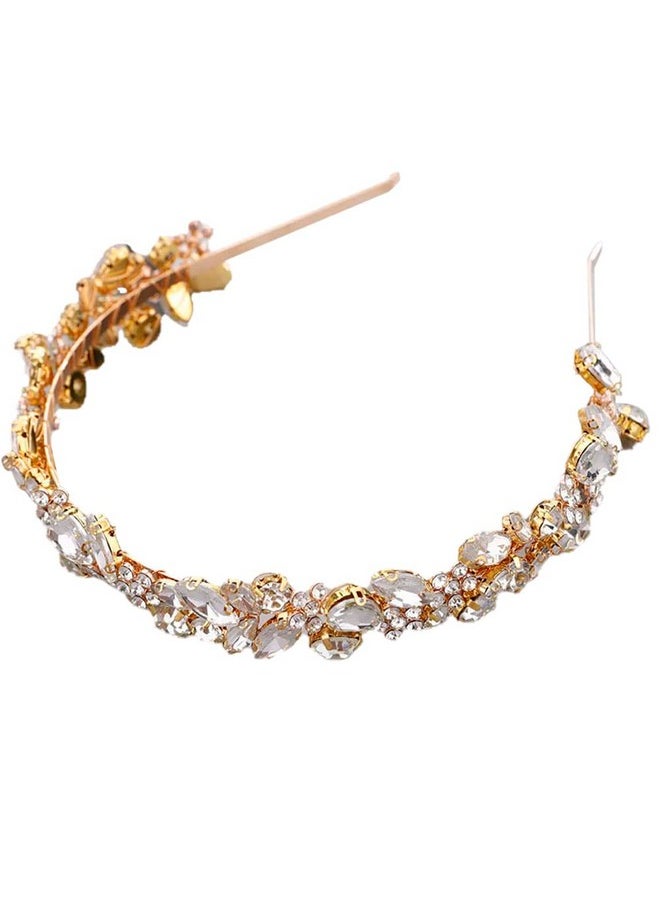Chargances - Dainty Rhinestone Flower Tiara Crown Headband Bridal Gold Handmade Crystal Crown Statement Handmade Bridal Head Pieces Hair Accessories For Bridesmaids Women Girl Party (Gold) - Image 1