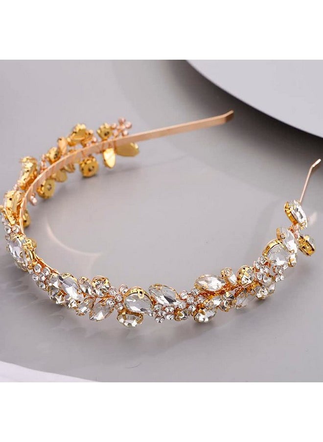 Chargances - Dainty Rhinestone Flower Tiara Crown Headband Bridal Gold Handmade Crystal Crown Statement Handmade Bridal Head Pieces Hair Accessories For Bridesmaids Women Girl Party (Gold) - Image 1