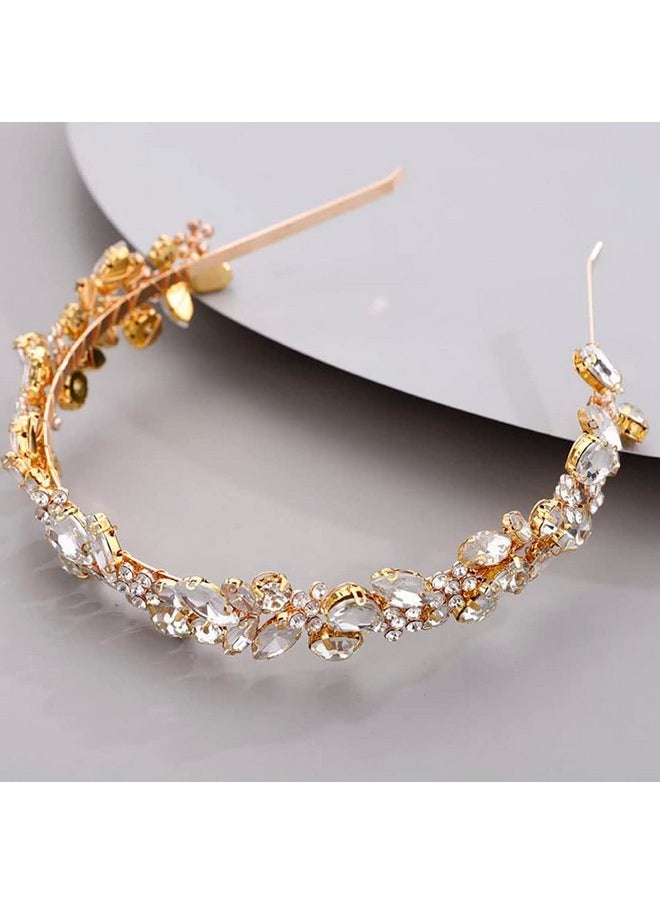 Chargances - Dainty Rhinestone Flower Tiara Crown Headband Bridal Gold Handmade Crystal Crown Statement Handmade Bridal Head Pieces Hair Accessories For Bridesmaids Women Girl Party (Gold) - Image 1
