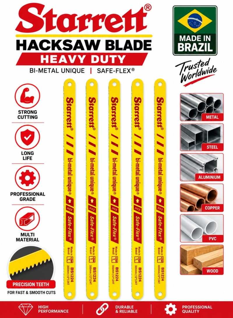 Starrett Bi-Metal Hacksaw Blades 300mm (12 Inch), Heavy Duty Safe-Flex Professional Cutting Blades, HSS Bi-Metal Construction for Metal, Steel, Aluminum, Copper, PVC & Wood, 5 Pack - Image 1