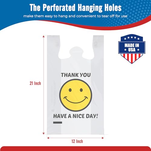 Fuxury 1000 Count Happy Smiling Face Thank You Plastic Bags (12" x 6.5" x 21") White, Have a Nice Day Bags for T-shirt, Grocery, Take Out, To Go, Retail Shopping in Bulk (Made in USA) - Image 2