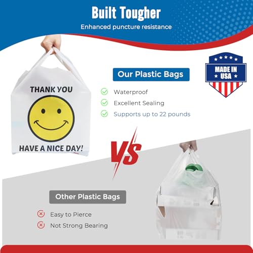 Fuxury 1000 Count Happy Smiling Face Thank You Plastic Bags (12" x 6.5" x 21") White, Have a Nice Day Bags for T-shirt, Grocery, Take Out, To Go, Retail Shopping in Bulk (Made in USA) - Image 4