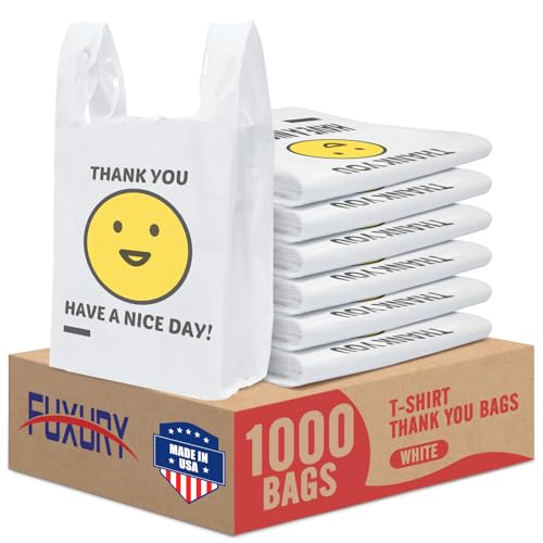 Fuxury 1000 Count Happy Smiling Face Thank You Plastic Bags (12" x 6.5" x 21") White, Have a Nice Day Bags for T-shirt, Grocery, Take Out, To Go, Retail Shopping in Bulk (Made in USA) - Image 1