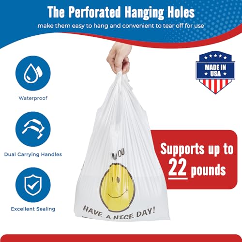 Fuxury 1000 Count Happy Smiling Face Thank You Plastic Bags (12" x 6.5" x 21") White, Have a Nice Day Bags for T-shirt, Grocery, Take Out, To Go, Retail Shopping in Bulk (Made in USA) - Image 3